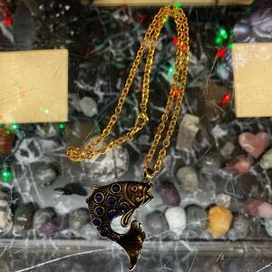 Gold and Blue Fish Pendant Necklace
